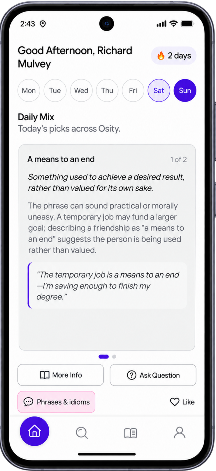 Shows a physical phone with osity app home screen open.