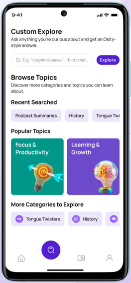 Shows a phone with the Discover screen of the osity app open