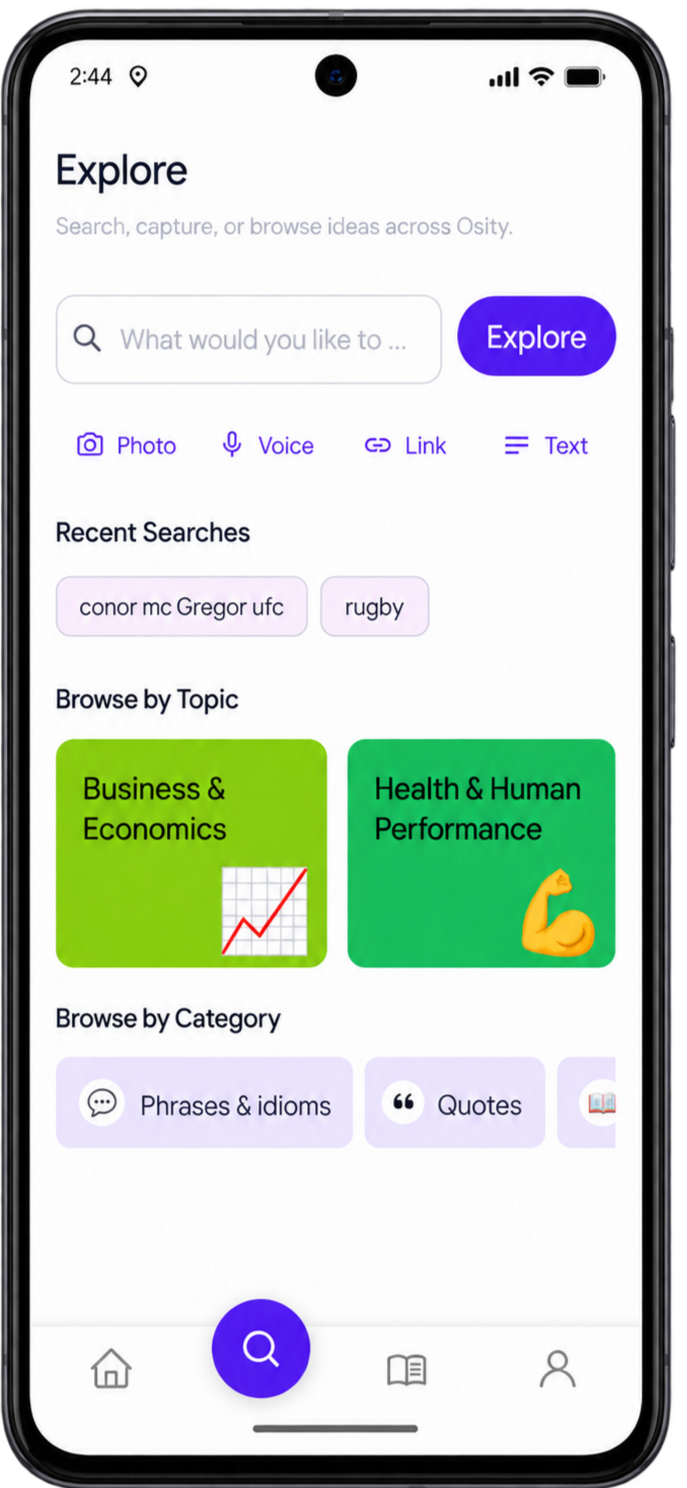 Shows a phone with the Discover screen of the osity app open